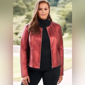 Jessica London Women’s Plus Size Collarless Leather Cropped Moto Racing Jacket